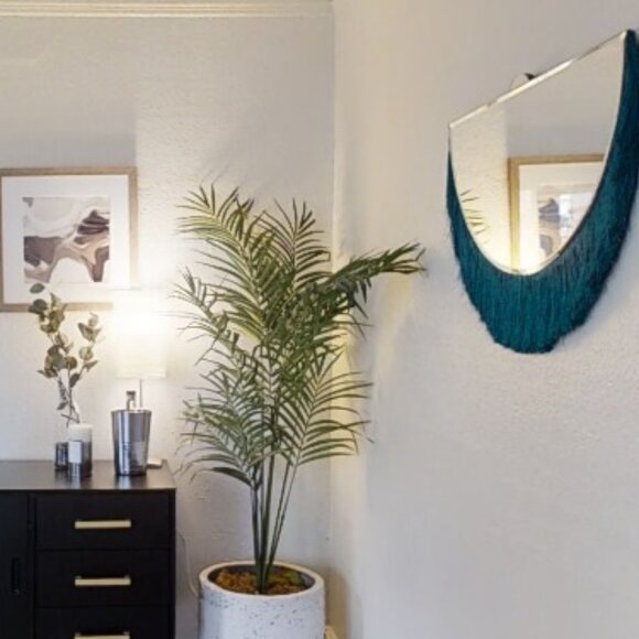 Unique NEW IN BOX Gorgeous Boho Mod Teal Fringe Half Moon Beveled Wall Mirror - Picture 6 of 9